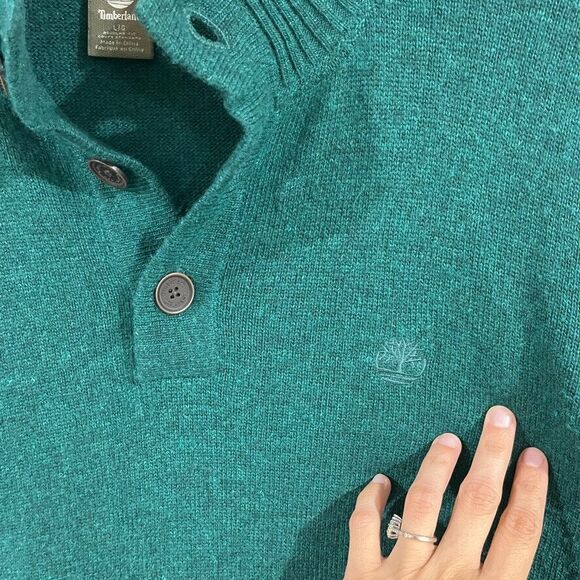 Timberland Mens L Henley Button Mock Neck Wool Blend Knit Green Sweater Pullover - Picture 4 of 7